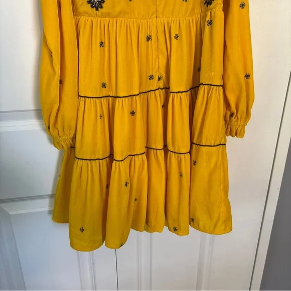 Anthropology Frock & Frill yellow velvet cold-shoulder dress w floral embroidery - Picture 6 of 15